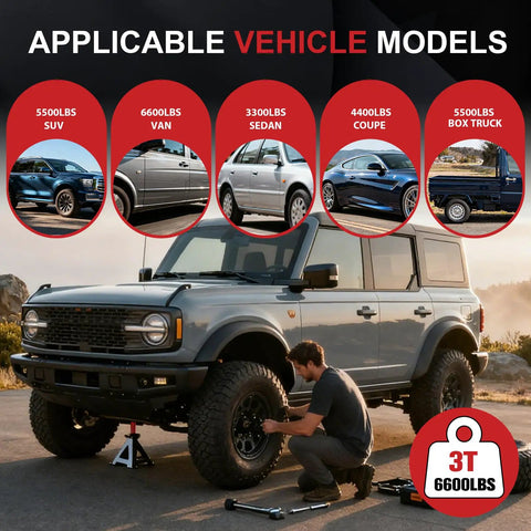 Heavy Duty 3 Ton Jack Stands With Adjustable Height From 11.22 To 16.54 Inches, 6,600 Lbs Per Stand in use on SUV