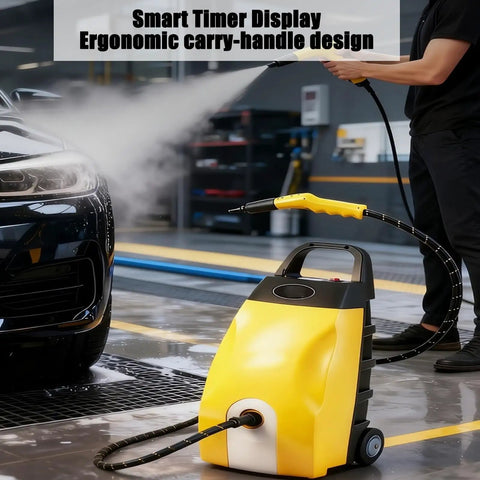 Lpoxuru 3000W Handheld Steam Cleaner With Instant Heat Technology Generates 110C Hissing Vapor At 5 Bar Pressure, yellow steam cleaner in use.