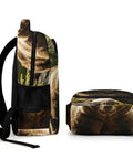 Side view of Stream Brown Bear Printed Unisex Backpack with large capacity, durable polyester, smooth zipper detail.