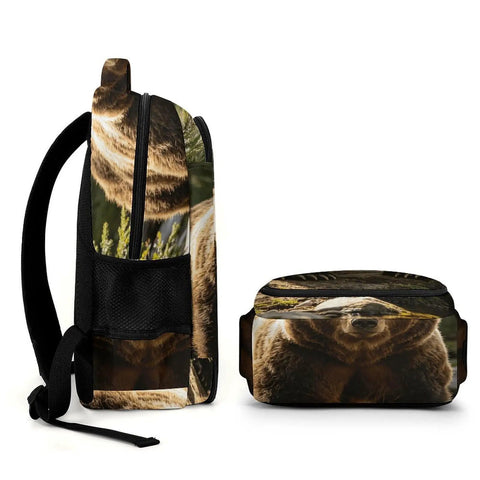 Side view of Stream Brown Bear Printed Unisex Backpack with large capacity, durable polyester, smooth zipper detail.