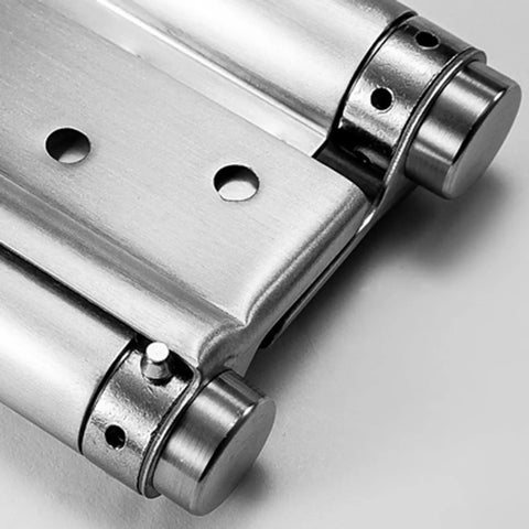 Close-up view of Heavy Duty Stainless Steel Auto Closing Hinges 4 Pack Double Action Pivot Spring Loaded with brushed finish.