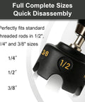 Pro Grade Threaded Rod Nut Runner With Hex Shank Slot Wing Nut Driver Drill Attachment showing sizes 1/4, 3/8, 1/2 inch for easy disassembly.