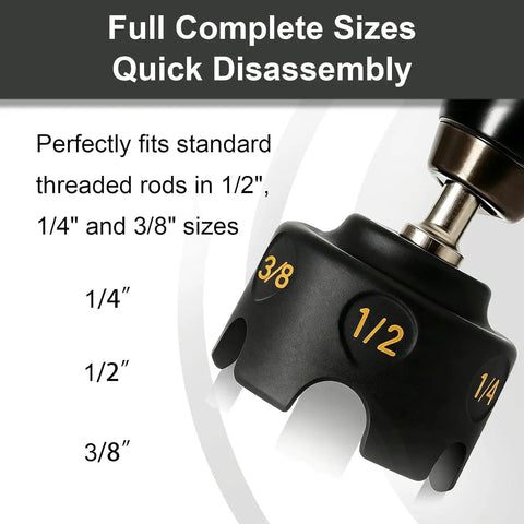 Pro Grade Threaded Rod Nut Runner With Hex Shank Slot Wing Nut Driver Drill Attachment showing sizes 1/4, 3/8, 1/2 inch for easy disassembly.