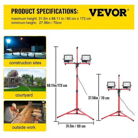 Two Pack 10000 Lumen Dual Head LED Work Light On Adjustable Foldable Tripod Stand for job sites and outdoor work areas
