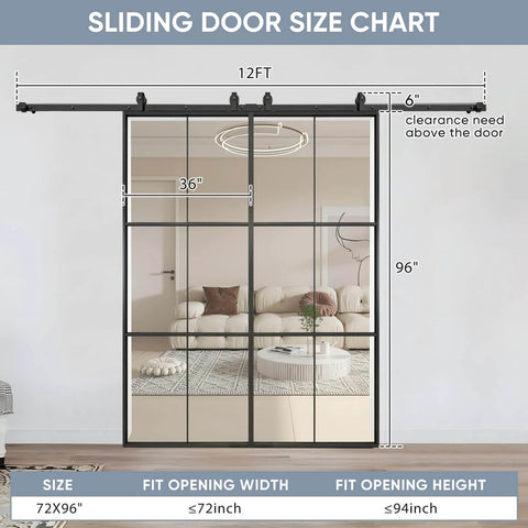Double Barn Door Set 72 By 96 Inches With 12 Feet Hardware Kit Includes Two 36 By 96 Clear Tempered Glass Panels Aluminum Frame