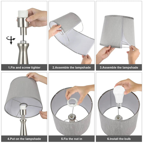 Assembly steps for Set of 2 Dimmable Touch Nightstand Lamps With USB C And USB A Charging Ports Gray Lampshade With Nickel Stand