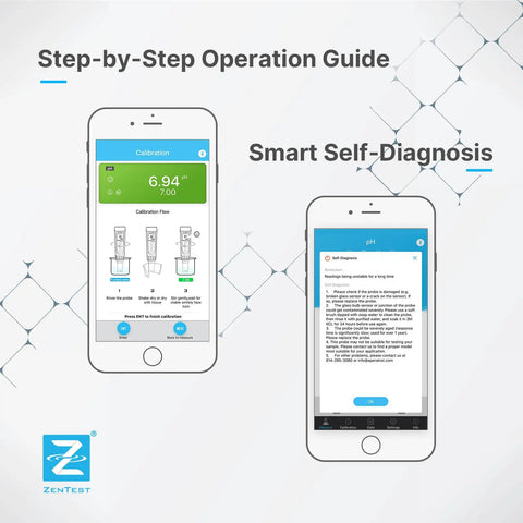 Smart Handheld pH Meter Kit With LabSen 246-5 ATC Semimicro Electrode app interface for step-by-step guide and diagnosis