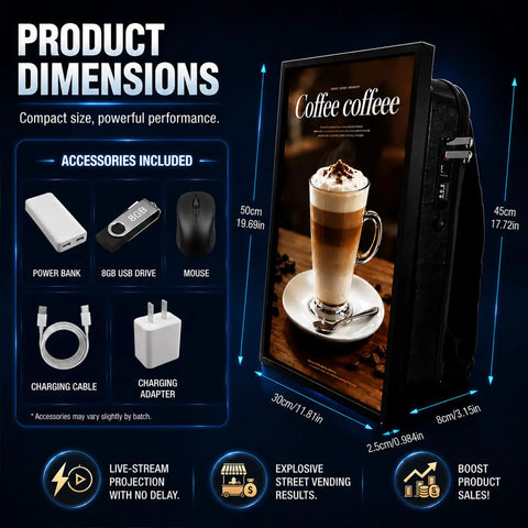 Product dimensions and accessories of Mobile Digital Backpack Billboard With Slick 21 Inch Hd Lcd Screen and Hella Bright 600 Nit Output.