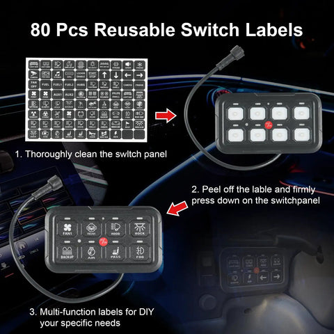8 Gang Switch Panel With Built In Relay And Fuse Wiring Harness, showing 80 pcs reusable labels for customization
