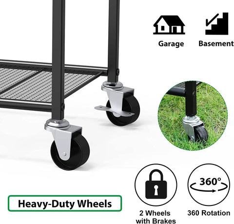 Beefed Up Tool Organizer With Wheels for Garage Shed Basement and Outdoor Use showing steel heavy-duty wheels with brakes.
