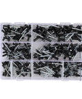 200 Piece Assorted Black Blind Rivets Set 8 To 18mm Multi Grip Open Hollow Rivets in organizer box for metal, wood, plastic