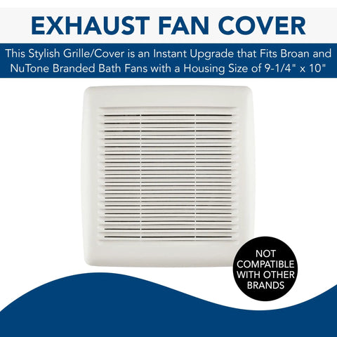 Replacement Grille Cover For Roomside Series Bathroom Vent Fans White Finish Easy Install No Fuss Snap On Retrofit Style Fits Housing Nine And A Quarter By Ten Inches shown against blue background with compatibility note