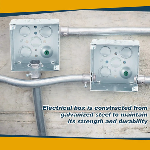 Two 4x4 inch silver galvanized steel electrical junction boxes with conduit in wall installation, built for wiring organization.