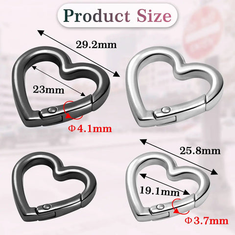 Heart Carabiner Keychain Clips Set In Silver And Black Durable Metal Spring Rings Product Size Details