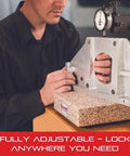 Man adjusting a Pink Crystal Granite Base Comparator Stand Without Indicator Pro Grade Heavy Duty 9.25 Inch Maximum Vertical Capacity.