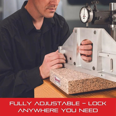 Man adjusting a Pink Crystal Granite Base Comparator Stand Without Indicator Pro Grade Heavy Duty 9.25 Inch Maximum Vertical Capacity.