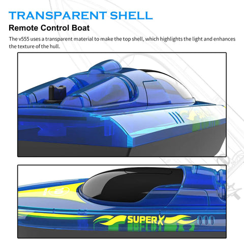 RC Boat With LED Light Modes, 2.4GHz Remote Control, Waterproof Hull for Pools and Lakes, Transparent Cover, Blue