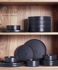 Top Tier Real Deal 12 Piece Stoneware Dinnerware Set With Sleek Matte Finish Includes Four Dinner Plates Salad Dishes And Cereal Bowls Lead Free Game Changer Kitchen Essentials on wooden shelf.