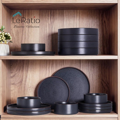 Top Tier Real Deal 12 Piece Stoneware Dinnerware Set With Sleek Matte Finish Includes Four Dinner Plates Salad Dishes And Cereal Bowls Lead Free Game Changer Kitchen Essentials on wooden shelf.