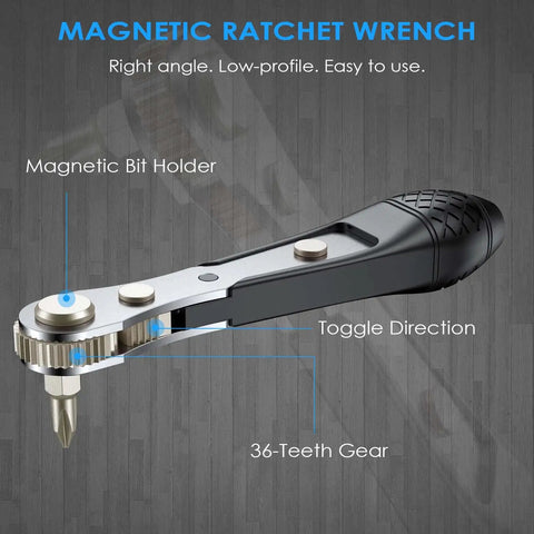 Compact Mini Ratchet Screwdriver Set With One Quarter Inch S2 Steel Bits, 90 Degree Right Angle Driver, Magnetic Bit Holder