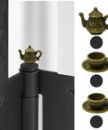 3-Piece Antique Bronze Teacup Hinge Heads Decorative Topper Set For Doors shown on black hinge, teapot design visible.