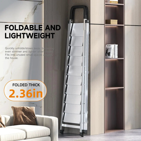 Heavy Duty Folding Step Ladder With Handrail 11 Steps Stainless Steel Anti Slip Pedals Sponge Handrail Safe Lock Design Space Saving Tall Kitchen Closet Ladder For Home And Garage Use, folded in closet
