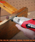 Powerful 170W Rotary Tool Kit With 121 Piece Dremel Compatible Bit Set used on wood surface