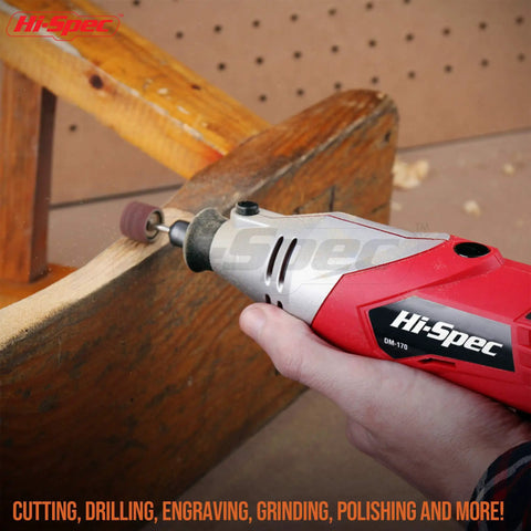 Powerful 170W Rotary Tool Kit With 121 Piece Dremel Compatible Bit Set used on wood surface