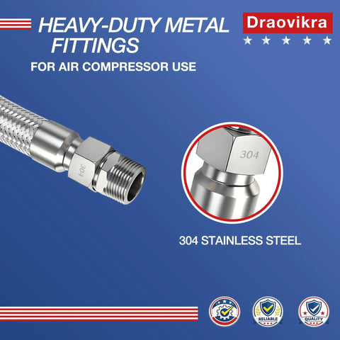 Heavy Duty Air Compressor Quick Connect Jumper Hose 20 Inch Long features 304 stainless steel fittings for durable connections.