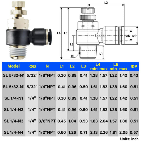 Three Pack Push To Connect Air Line Fittings With Ninety Degree Elbow And Air Flow Control Valve One Quarter Inch Tube