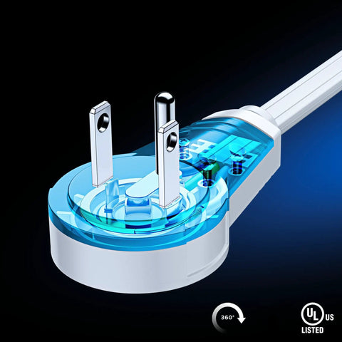 Close-up of 360 Degree Rotating Flat Extension Cord With 6 Ft Length, 3 Outlet Grounded Power Cord, 16 AWG UL Certified, Slim Plug
