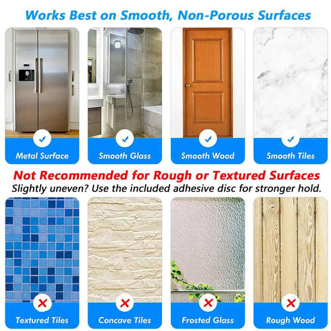 Surface compatibility chart for Tool Free No Drill Toilet Paper Holder With Strong Silicone Vacuum Mount Removable Bracket Chrome Finish