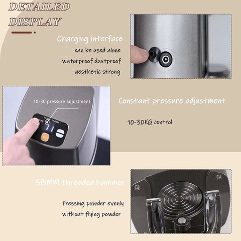 Automatic 58mm Espresso Tamper With Self Cleaning Stand, Adjustable 22 To 66 Lbs Pressure, No Sweat Tamping Setup, Pro Grade Barista Tool For Daily Grind Mastery In Any Kitchen, showing pressure adjustment panel and charging interface.