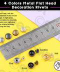 Premium Bronze Screw Back Rivets Stud Set With 32 Round Caps, showcasing Flat Head Hardware in four colors with ruler for size reference.
