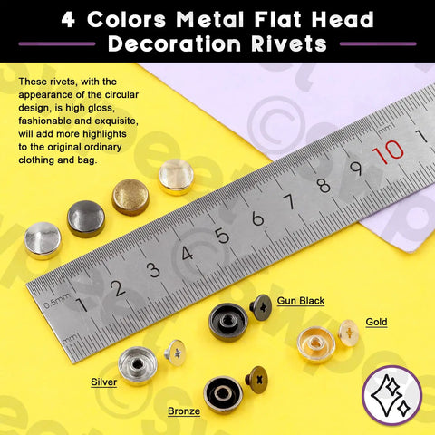 Premium Bronze Screw Back Rivets Stud Set With 32 Round Caps, showcasing Flat Head Hardware in four colors with ruler for size reference.