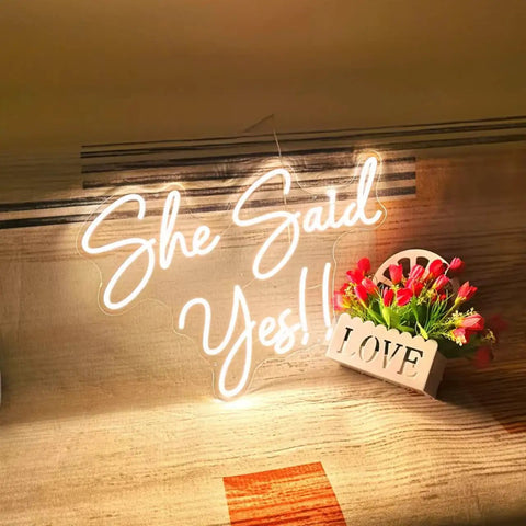 She Said Yes Neon Sign Large 23x16 Inch Warm White LED Flex Neon Light with flowers and 'Love' decor