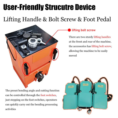 Heavy Duty 1 Inch Electric Rebar Bender And Cutter With Rock Solid Build showing lifting handle, bolt screw, and foot pedal for easy operation.