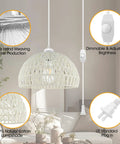 Hand Woven Bamboo Pendant Light With 15 Ft Hemp Cord Plug In Rattan Hanging Lamp On Off Switch 7W LED Bulb Included Three Color Temperatures White Warm Daylight Ideal For Living Room Kitchen Adjustable Height, showing woven shade and plug components.