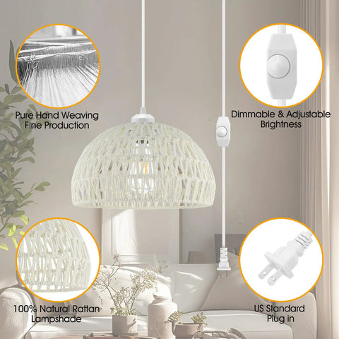 Hand Woven Bamboo Pendant Light With 15 Ft Hemp Cord Plug In Rattan Hanging Lamp On Off Switch 7W LED Bulb Included Three Color Temperatures White Warm Daylight Ideal For Living Room Kitchen Adjustable Height, showing woven shade and plug components.