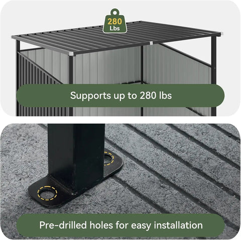 Metal roof and base detail of Six By Six Foot Outdoor Shed For Grill Gear And Patio Storage, supports 280 lbs, pre-drilled holes for installation