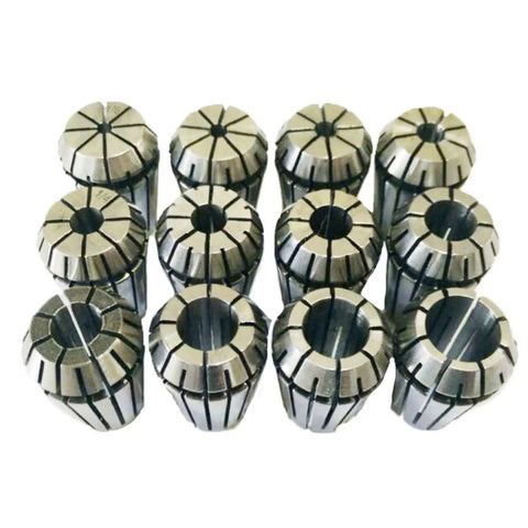 Close-up of 12 Piece ER20 Collets Set One Eighth To One Half Inch High Precision For CNC Milling Drilling Engraving And Spindle Machines Pro Grade Spring Steel Construction.