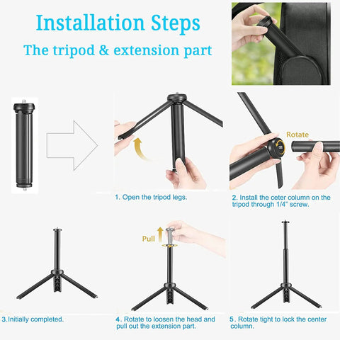 Installation steps for Two Pack USB LED Video Lights 5600K Dimmable with Mini Tripods and Color Filters for various uses.