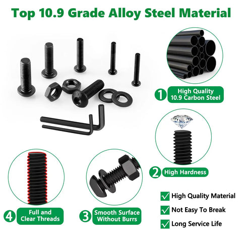Heavy Duty M2 Screw Assortment Kit 676 Pieces 10.9 Grade Alloy Steel Hex Button Cap Bolts with nuts and washers.