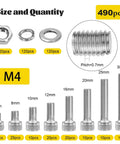 Top Shelf M4 Hex Socket Screw Assortment Kit With 490 Metric Sizes From Six To Thirty Millimeters, showing various lengths and quantities.