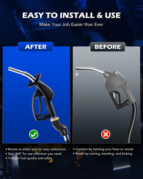 Two Piece One Inch NPT Fuel Hose Nozzle Swivel Kit With 360 Degree Rotation For Easy Safe Fueling And Flexible Angled Access Gas Pump Ready Fits Any 1 Inch Hose Or Nozzle Leak Free And Durable. Before after fuel nozzle swivel install guide