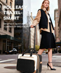 Woman rolling a beige and brown 16-inch wheeled laptop bag for women, ideal for work, travel, and business, on city street.