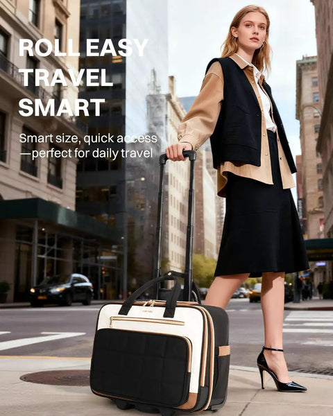 Woman rolling a beige and brown 16-inch wheeled laptop bag for women, ideal for work, travel, and business, on city street.