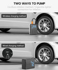 Portable Tire Inflator Kit For Tesla Featuring A Fast Charge Air Pump showing wired and wireless charging methods.