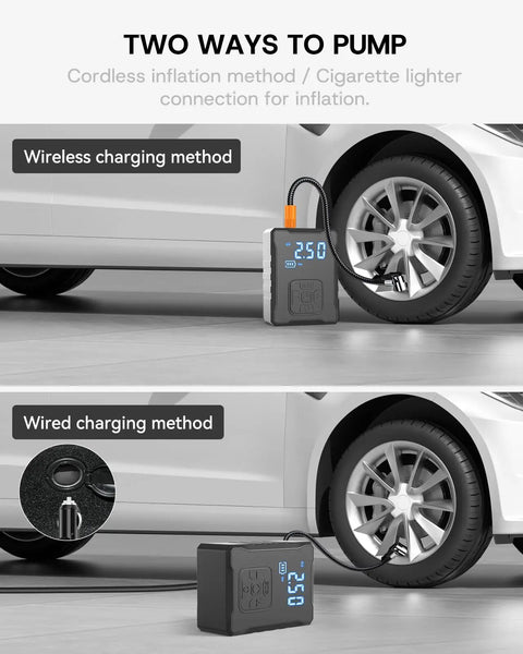 Portable Tire Inflator Kit For Tesla Featuring A Fast Charge Air Pump showing wired and wireless charging methods.