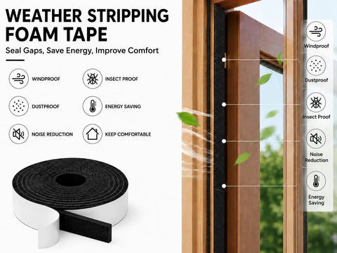 Heavy Duty Single Sided Foam Weather Stripping Tape 1/2 Inch Wide 1/4 Inch Thick 16.5 Feet Long applied to a window frame.